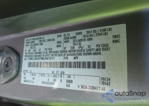 2021 Ford Escape Sel z USA, uszkodzony, nr VIN 1FMCU9H67MUA61211